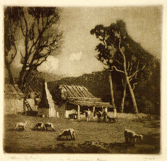 Artist: b'LINDSAY, Lionel' | Title: bThe Bushranger's house | Date: 1925 | Technique: b'aquatint, printed in brown ink, from one plate' | Copyright: b'Courtesy of the National Library of Australia'