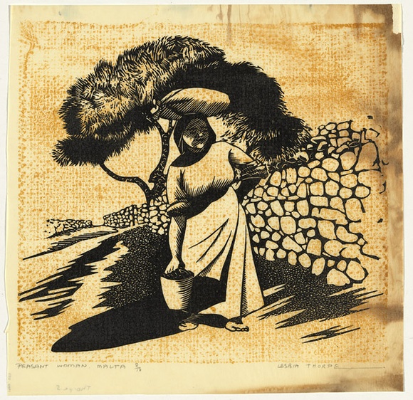 Artist: b'Thorpe, Lesbia.' | Title: b'Peasant woman, Malta' | Date: c.1956 | Technique: b'linocut, printed in colour, from two blocks'