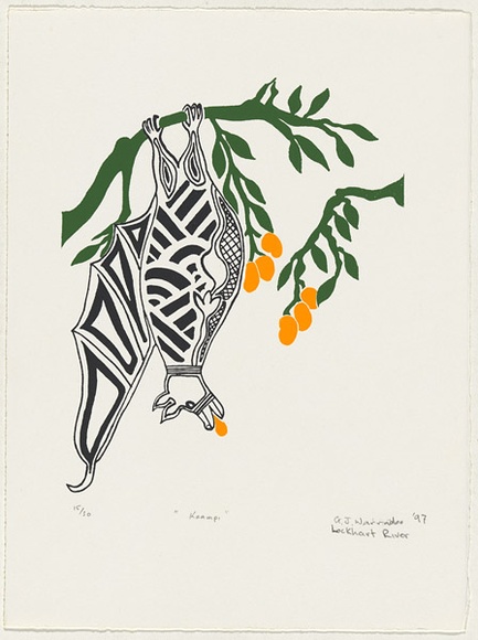 Artist: b'Warradoo, Geoffrey.' | Title: b'Kaampi' | Date: 1997, August | Technique: b'screenprint, printed in colour, from multiple stencils'