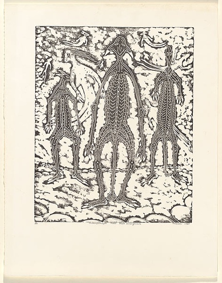 Title: Anthropomorphs midst rock arrangements | Date: 1989 | Technique: linocut and caustic etching, printed in black ink, from one block