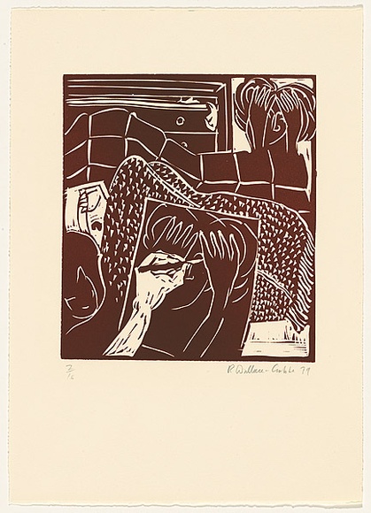 Title: b'not titled [hands writing, hands hiding]' | Date: 1979 | Technique: b'linocut, printed in brown ink, from one block'