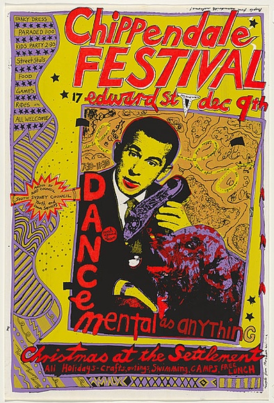 Artist: b'WORSTEAD, Paul' | Title: b'Chippendale Festival - Dance, Mental as anything' | Date: 1978 | Technique: b'screenprint, printed in colour, from four stencils' | Copyright: b'This work appears on screen courtesy of the artist'