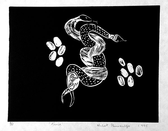 Artist: b'Pareroultja, Hubert.' | Title: b'Kunia' | Date: 1995 | Technique: b'linocut, printed in black ink, from one block'