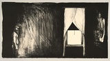 Artist: Trenfield, Wells. | Title: not titled [figure in corner with screen blind half up] | Date: 1982 | Technique: lithograph, printed in colour, from multiple stones