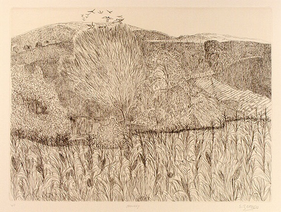 Artist: b'ZOFREA, Salvatore' | Title: b'January' | Date: 1984 | Technique: b'hardground-etching, printed in brown ink, from one zinc plate' | Copyright: b'\xc2\xa9 Salvatore Zofrea, 1984'