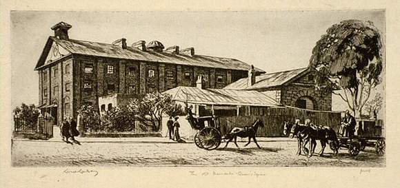 Artist: b'LINDSAY, Lionel' | Title: b'Old Barracks, Hyde Park' | Date: 1912 | Technique: b'etching and foul biting, printed in brown ink with plate-tone, from one plate' | Copyright: b'Courtesy of the National Library of Australia'