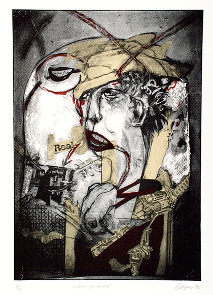 Artist: b'Cattapan, Jon.' | Title: b'Modern punishment.' | Date: 1980 | Technique: b'screenprint, printed in colour, from multiple stencils'