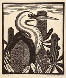 Artist: b'van der Sluys, Leslie.' | Title: b'Pacific Heron and Banksia Robur' | Date: 1987 | Technique: b'linocut, printed in black ink, from one block'