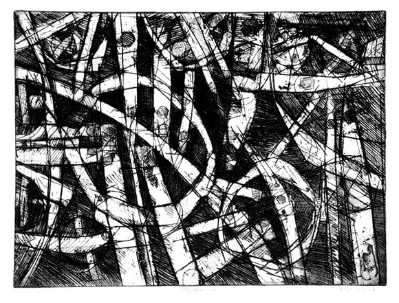 Artist: b'Kemp, Roger.' | Title: b'Rhythm one' | Date: c.1974 | Technique: b'etching, printed in black ink, from one magnesium plate'