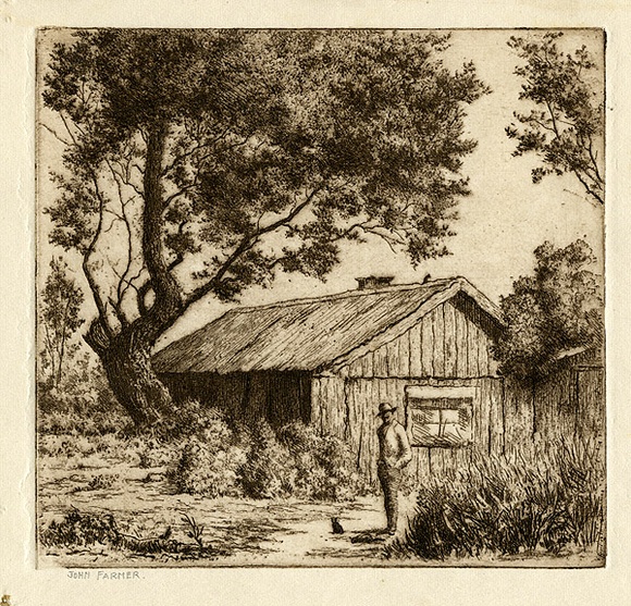 Artist: b'Farmer, John.' | Title: b'The hut.' | Date: c.1960 | Technique: b'etching, printed in brown ink with plate-tone, from one plate'