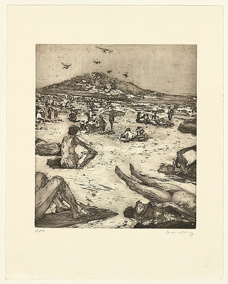 Artist: b'Harding, Nicholas.' | Title: b'not titled [hang-gliders over beach]' | Date: 2005 | Technique: b'etching, aquatint and open-bite, printed in black/brown ink, from one plate'