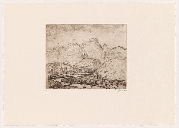 Artist: b'Rees, Lloyd.' | Title: b'The Tweed Valley, New South Wales' | Date: 1977 | Technique: b'softground-etching, printed in brown ink, from one zinc plate' | Copyright: b'\xc2\xa9 Alan and Jancis Rees'