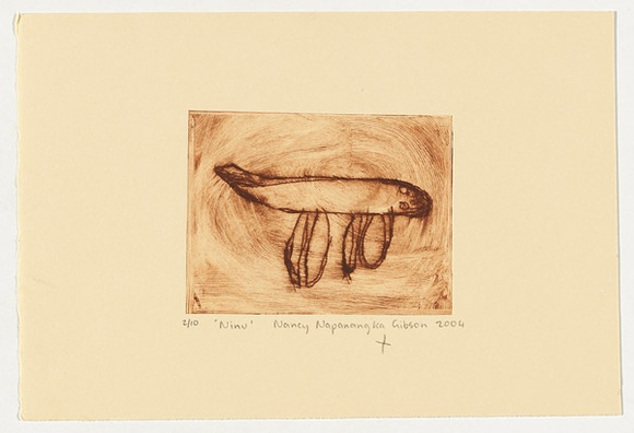 Artist: b'Napanangka Gibson, Nancy.' | Title: b'Ninu' | Date: 2004 | Technique: b'drypoint etching, printed in brown ink, from one perspex plate'