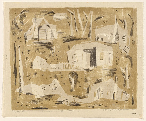 Artist: b'MACQUEEN, Mary' | Title: b'Ghost town' | Date: 1964 | Technique: b'lithograph, printed in colour, from two plates in black and brown ink on both sides of support' | Copyright: b'Courtesy Paulette Calhoun, for the estate of Mary Macqueen'