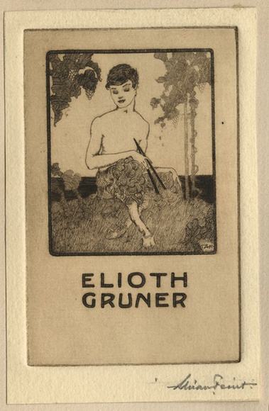 Artist: b'FEINT, Adrian' | Title: b'Bookplate: Elioth Gruner.' | Date: (1922) | Technique: b'etching, printed in brown ink with plate-tone, from one plate' | Copyright: b'Courtesy the Estate of Adrian Feint'