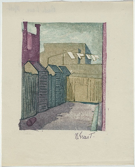Artist: GRANT, Nancy | Title: Back lane, Melbourne | Date: c.1935 | Technique: linocut, printed in colour, from water-based inks