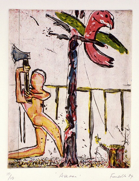 Artist: b'Fransella, Graham.' | Title: b'Axe man.' | Date: 1984 | Technique: b'etching and aquatint printed in colour' | Copyright: b'Courtesy of the artist'