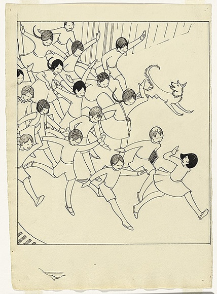 Artist: b'Spowers, Ethel.' | Title: bDrawing for the linocut 'School is out' | Date: (1936) | Technique: b'pen and ink, pencil'