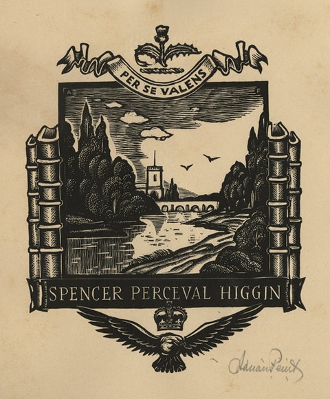 Artist: b'FEINT, Adrian' | Title: b'Bookplate: Spencer Perceval Higgin.' | Date: (1942) | Technique: b'wood-engraving, printed in black ink, from one block' | Copyright: b'Courtesy the Estate of Adrian Feint'