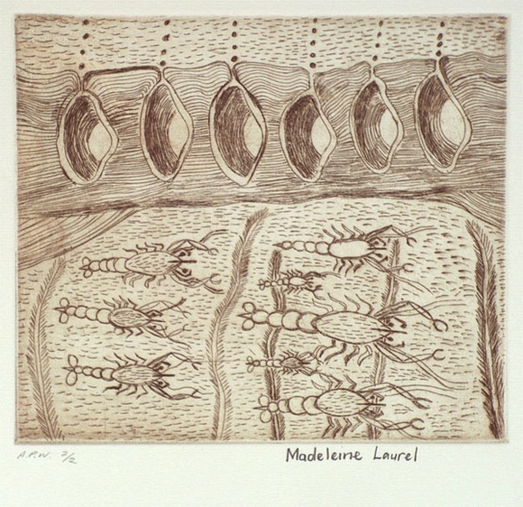 Artist: b'Laurel, Madeleine Yangkana.' | Title: b'Cherrabin and the mussels we get from the river' | Date: 2001, August - September | Technique: b'etching, printed in sepia ink, from one plate'