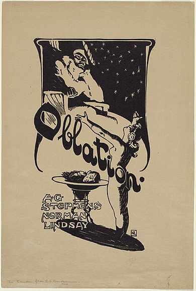 Artist: b'LINDSAY, Norman' | Title: b'Oblation [rejected title page]' | Date: 1902 | Technique: b'woodcut, printed in black ink, from one block'