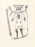 Artist: Burra Burra, Sambo. | Title: not titled [figure, throwing stick, nulla nulla] | Date: 2000, November | Technique: lithograph, printed in black ink, from one stone