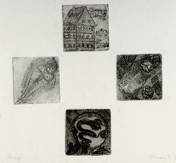 Artist: b'SHEARER, Mitzi' | Title: b'not titled [four small pictures on one sheet]' | Date: 1980 | Technique: b'etching, aquatint printed in black ink, from four  plates'