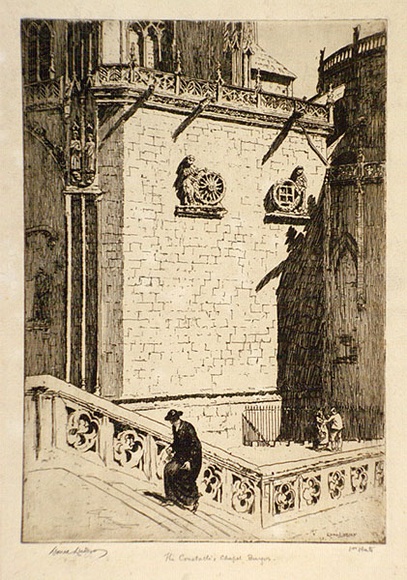 Artist: b'LINDSAY, Lionel' | Title: bThe Constable's Chapel, Burgos | Date: 1944 | Technique: b'etching, printed in brown ink, from one plate' | Copyright: b'Courtesy of the National Library of Australia'