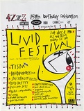 Artist: b'ACCESS 3' | Title: b'Livid Festival poster.' | Date: 1990 | Technique: b'screenprint, printed in yellow, red and black ink, from three stencils'