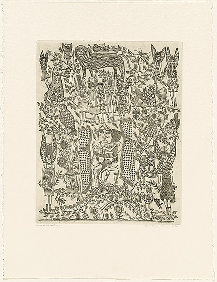 Artist: b'HANRAHAN, Barbara' | Title: b'Angels in the garden' | Date: 1989 | Technique: b'etching, printed in black ink with plate-tone, from one plate'