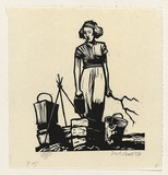 Artist: AMOR, Rick | Title: [woman at campfire] | Date: 1984 | Technique: linocut, printed in black ink, from one plate | Copyright: © Rick Amor. Licensed by VISCOPY, Australia.