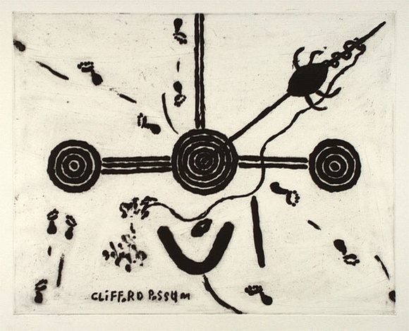 Artist: b'Tjapaltjarri, Clifford Possum.' | Title: b'Mans love story' | Date: 1994, November - December | Technique: b'sugarlift aquatint, printed in black ink, from one plate'