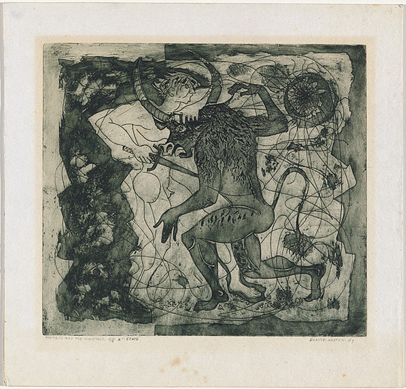 Artist: b'Haxton, Elaine' | Title: b'Theseus and the minotaur' | Date: 1967 | Technique: b'etching, printed in green ink'