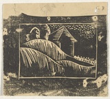 Artist: b'Burke, Frances.' | Title: b'(House and hills).' | Date: c.1938 | Technique: b'linocut'