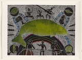 Artist: b'Missy, Billy.' | Title: b'Dhangal um araik.' | Date: 2000 | Technique: b'linocut, printed in black ink, from one block; hand coloured using a la coupe technique [wet on wet] with additional watercolour penciling'