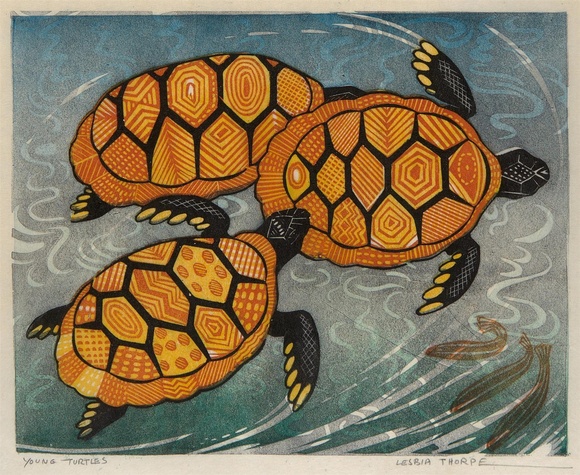 Artist: Thorpe, Lesbia. | Title: Young turtles. | Technique: linocut, printed in colour inks, from multiple blocks