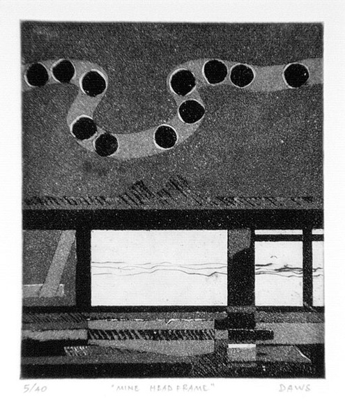 Artist: b'Daws, Lawrence.' | Title: b'Mine head frame.' | Date: 1968 | Technique: b'etching and aquatint, printed in black ink, from one plate' | Copyright: b'\xc2\xa9 Lawrence Daws'