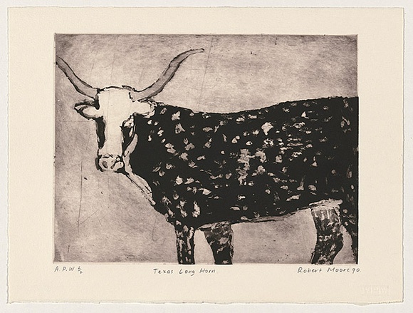 Artist: b'Moore, Robert.' | Title: b'Texas long horn' | Date: 1990, October | Technique: b'etching and aquatint, printed in black, from one plate'