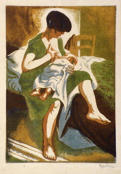 Artist: b'Hawkins, Weaver.' | Title: b'Mother and child' | Date: c.1928 | Technique: b'woodcut, printed in colour, from multiple blocks' | Copyright: b'The Estate of H.F Weaver Hawkins'