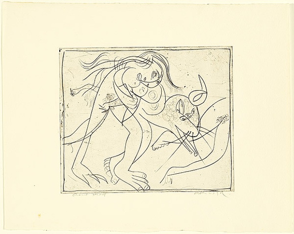 Artist: b'BOYD, Arthur' | Title: b'Nude holding back legs of a ram.' | Date: (1962-63) | Technique: b'drypoint, printed in black ink, from one plate' | Copyright: b'Reproduced with permission of Bundanon Trust'