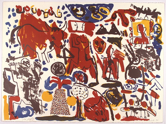 Artist: b'Fransella, Graham.' | Title: b'not titled [multiple figures and forms in red, yellow, blue and black]' | Date: 1986 | Technique: b'lithograph, printed in colour, from multiple plates' | Copyright: b'Courtesy of the artist'