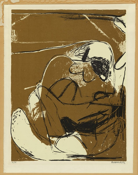 Artist: b'Whiteley, Brett.' | Title: b'Figures on an ochre background' | Date: 1961 | Technique: b'screenprint, printed in colour, from three stencils' | Copyright: b'This work appears on the screen courtesy of the estate of Brett Whiteley'