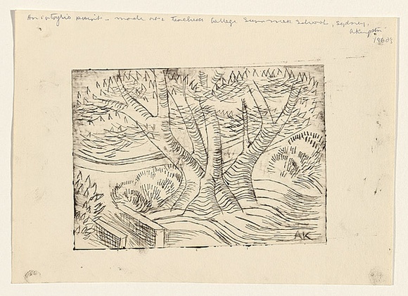 Artist: b'Kingston, Amie.' | Title: b'Trees and bridge' | Date: 1962 | Technique: b'etching, printed in black ink, from one plate'