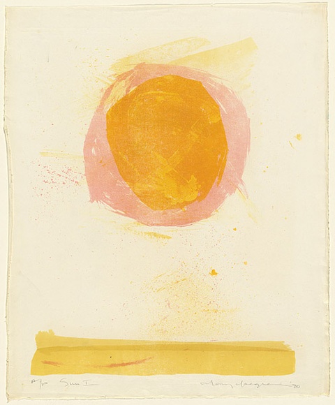 Artist: b'MACQUEEN, Mary' | Title: b'Sun I' | Date: 1970 | Technique: b'lithograph, printed in colour, from two plates; in pink and yellow ink' | Copyright: b'Courtesy Paulette Calhoun, for the estate of Mary Macqueen'