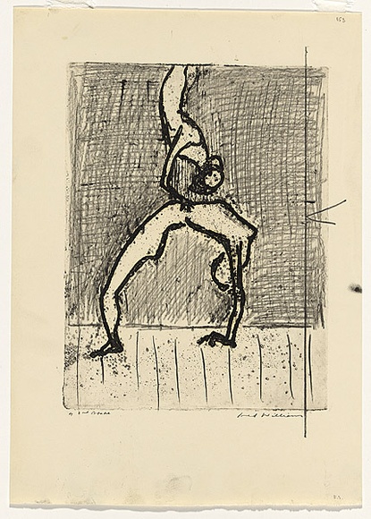 Artist: b'WILLIAMS, Fred' | Title: b'Tumblers. Number 2' | Date: 1967 | Technique: b'etching, deep etching, foul biting, mezzotint rocker, printed in black ink, from one plate; pencil additions' | Copyright: b'\xc2\xa9 Fred Williams Estate'
