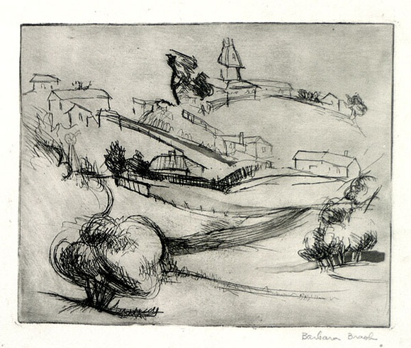 Artist: b'Brash, Barbara.' | Title: b'(Country village landscape).' | Date: 1950s | Technique: b'etching, aquatint printed in brown ink with plate-tone,from one plate'