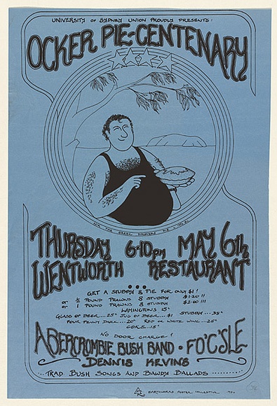 Artist: b'EARTHWORKS POSTER COLLECTIVE' | Title: b'Ocker pie-centenary' | Date: 1976 | Technique: b'screenprint, printed in black ink, from one stencil'