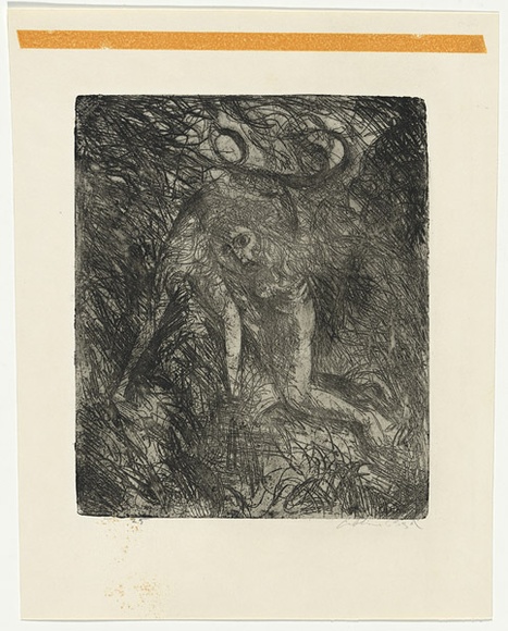 Artist: b'BOYD, Arthur' | Title: b'Kneeling nude with beast II.' | Date: (1962-63) | Technique: b'etching and aquatint, printed in black ink, from one plate' | Copyright: b'Reproduced with permission of Bundanon Trust'