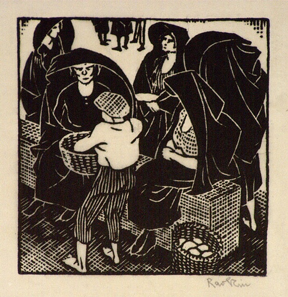 Artist: b'Hawkins, Weaver.' | Title: b'(Market scene)' | Date: c.1927 | Technique: b'woodcut, printed in black ink, from one block' | Copyright: b'The Estate of H.F Weaver Hawkins'