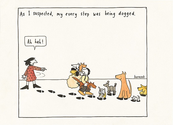 Artist: b'Horacek, Judy.' | Title: b'As I suspected my every step was being dogged.' | Technique: b'etching, printed in black ink, from one plate: hand-coloured'